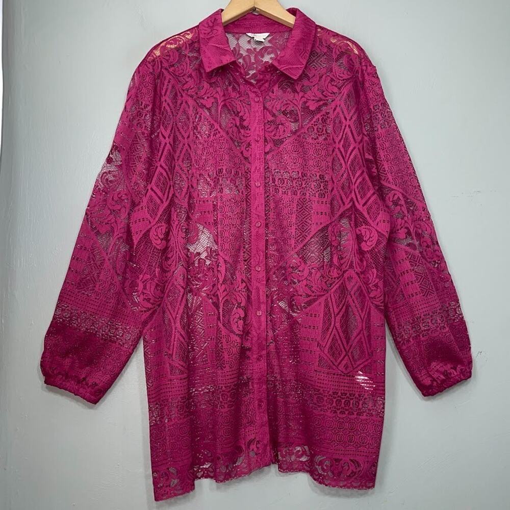 Cato Plus Size 18 20W Pink Lace Overlay Button Up Shirt Sheer Romantic Feminine